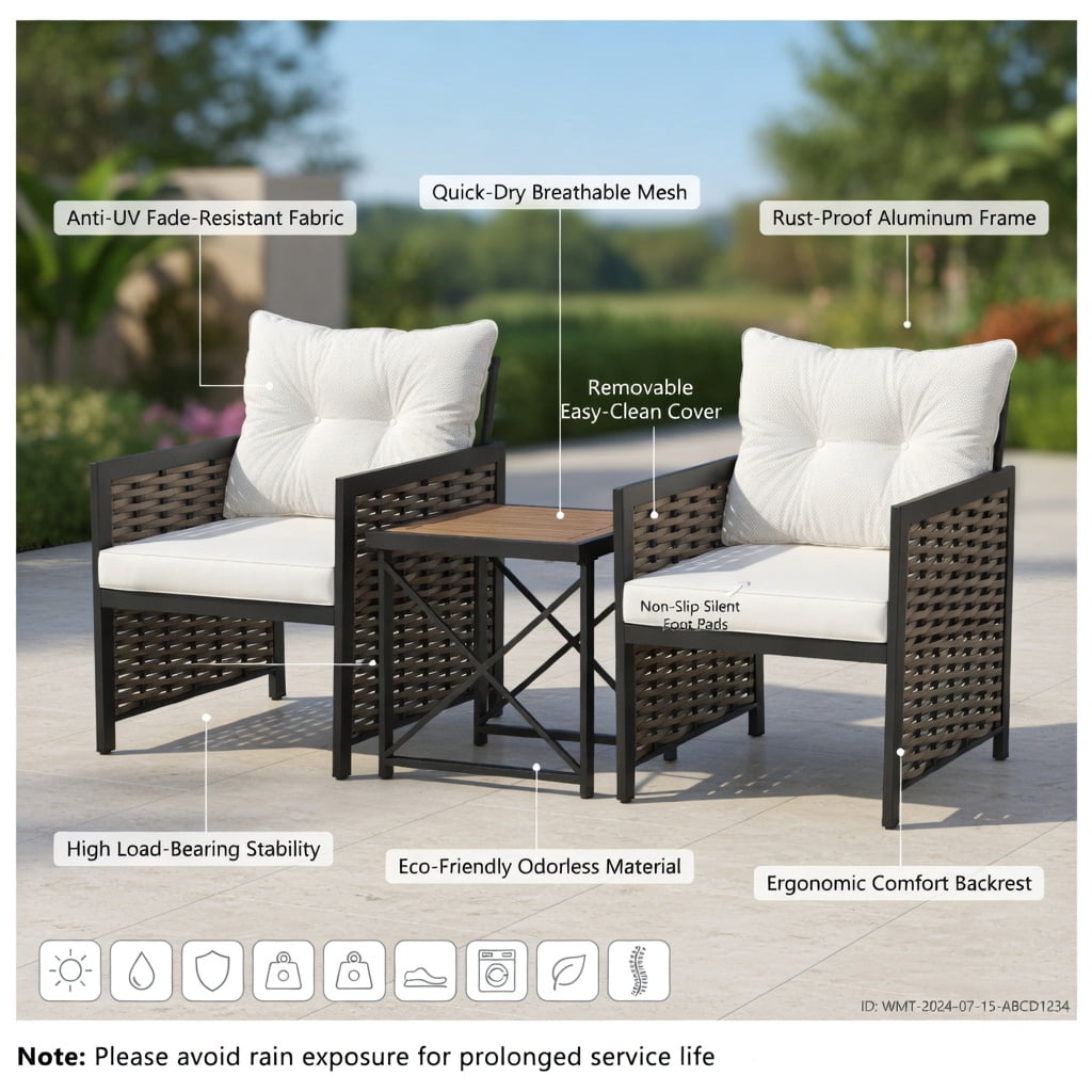 Hommoo 3-Piece Outdoor Rattan Patio Furniture Set, 2 Armchairs + Coffee Table with Acacia Wood Top, Brown PE Rattan & Black Metal Frame, White