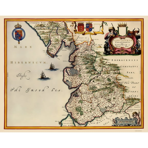 Historic Map - Lancashire County England - Blaeu 1645 - 23 x 29.16 - Vintage Wall Art