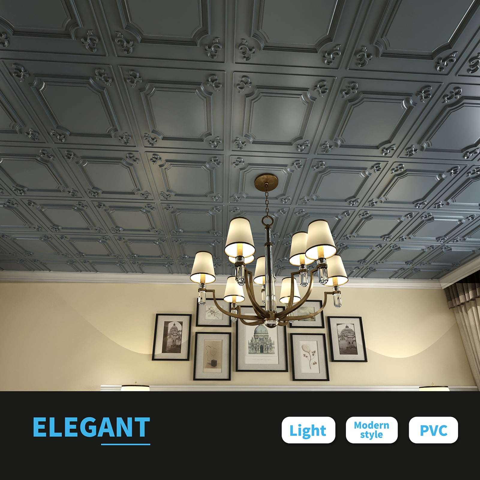 3D Wall Panel 2 Ft. x 2 Ft. Glue-up or Drop-in PVC Ceiling Tile in Grey