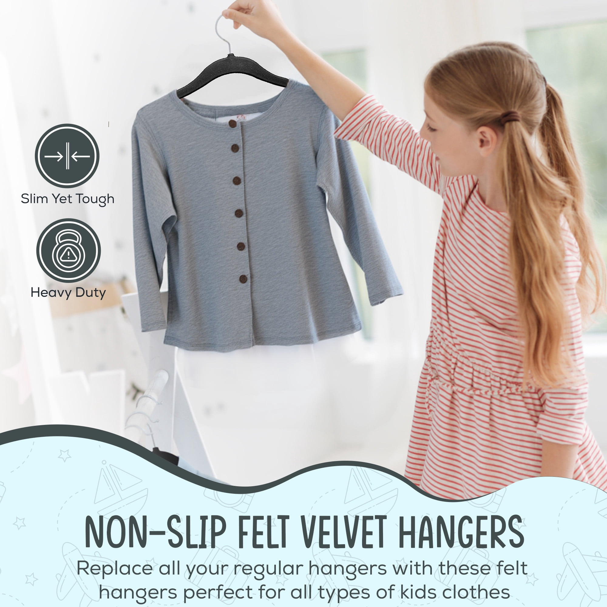Techzoo Premium Kids Velvet Hangers 55 Pack – 14" Non Slip Felt Cloth Hangers for Closet – Ultra Slim, Space Saving Kids Clothes Hangers with 360° Swivel Hook, Toddler Children Kids Hangers – Black