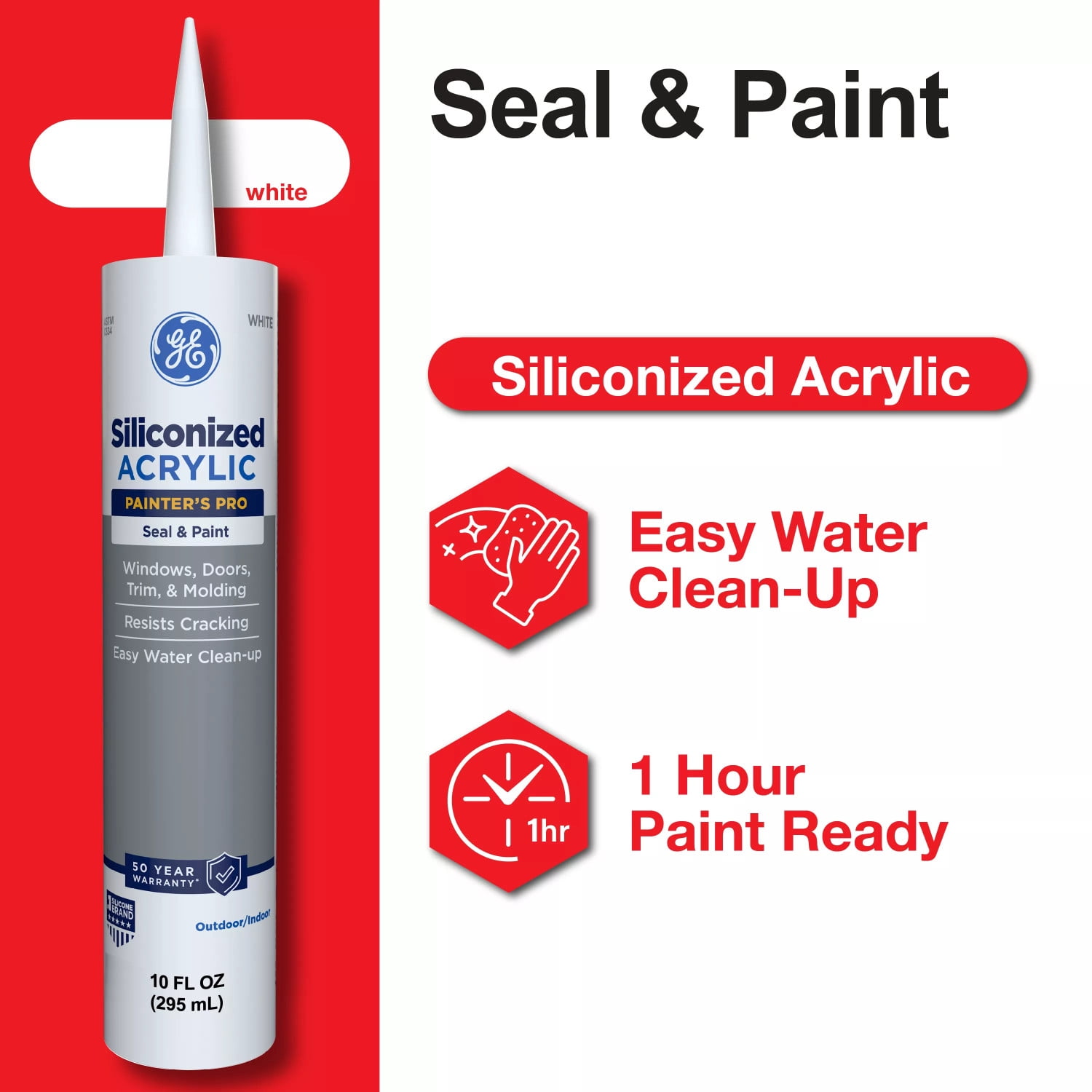 (12 pack) GE Siliconized Acrylic Painters Pro Sealant Seal & Paint, Pack of 1, White 10 fl oz Cartridge
