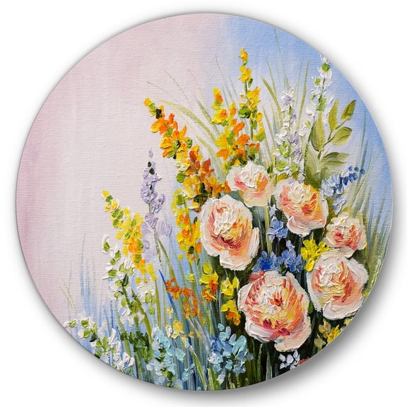 Designart 'Yellow and Pink Summer Wildflowers' Traditional Circle Metal Wall Art 36x36 - Disc of 36