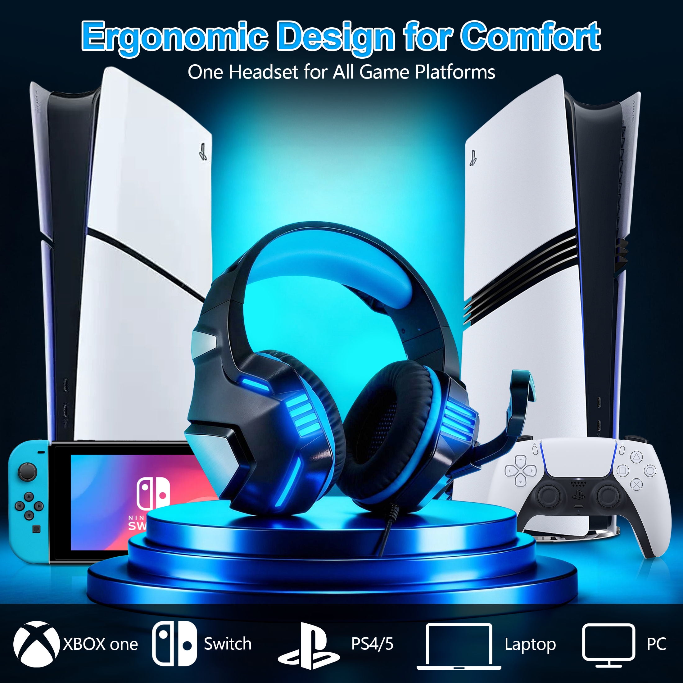 Wired Gaming Headset for PS5 PS4 PC Xbox One with Noise Cancelling Microphone, Over Ear Gaming Headphones Support Nintendo Xbox Series X|S - V3 Blue Black
