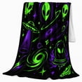 thumbnail image 2 of Neon Green Alien Heads Flying Saucers Sci-Fi Space, Playful Fantasy Scene, Warm Flannel Blanket for Office and Dorm, Celestial Art Lovers Housewarming Gift, Fantasy Home Decor, 2 of 9