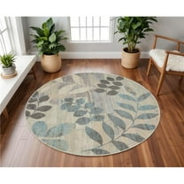 HomeRoots  8 ft. Botanical Leaves Round Rug, Ivory, Gray & Blue