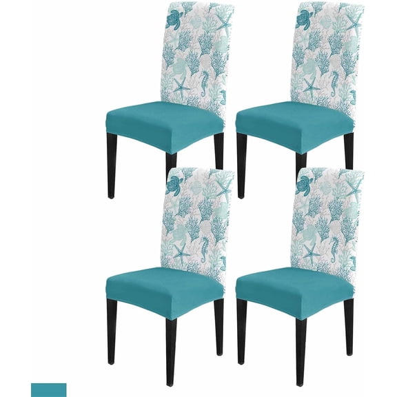 Turquoise Coastal Dining Room Chair Covers Set of 4, Stretch Kitchen Chair Cover Protector, Sea Turtle Nautical Coral Summer Beach Chair Slipcovers Chair Seat Cover for Party Banquet