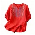 thumbnail image 4 of BODOAO Womens Linen Embroidered Top V Neck Boho Tops Peasant Blouses Vacation Shirts Dressy Casual Workout Tops Gauze Tops Fashion Outfits Summer Soft Breathable Red L, 4 of 8