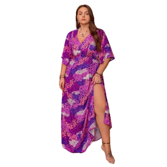Women's Plus Size Slit Printed Half Sleeve Maxi Dress 100% Viscose With Elegant Flowing Silhouette All Day Comfort