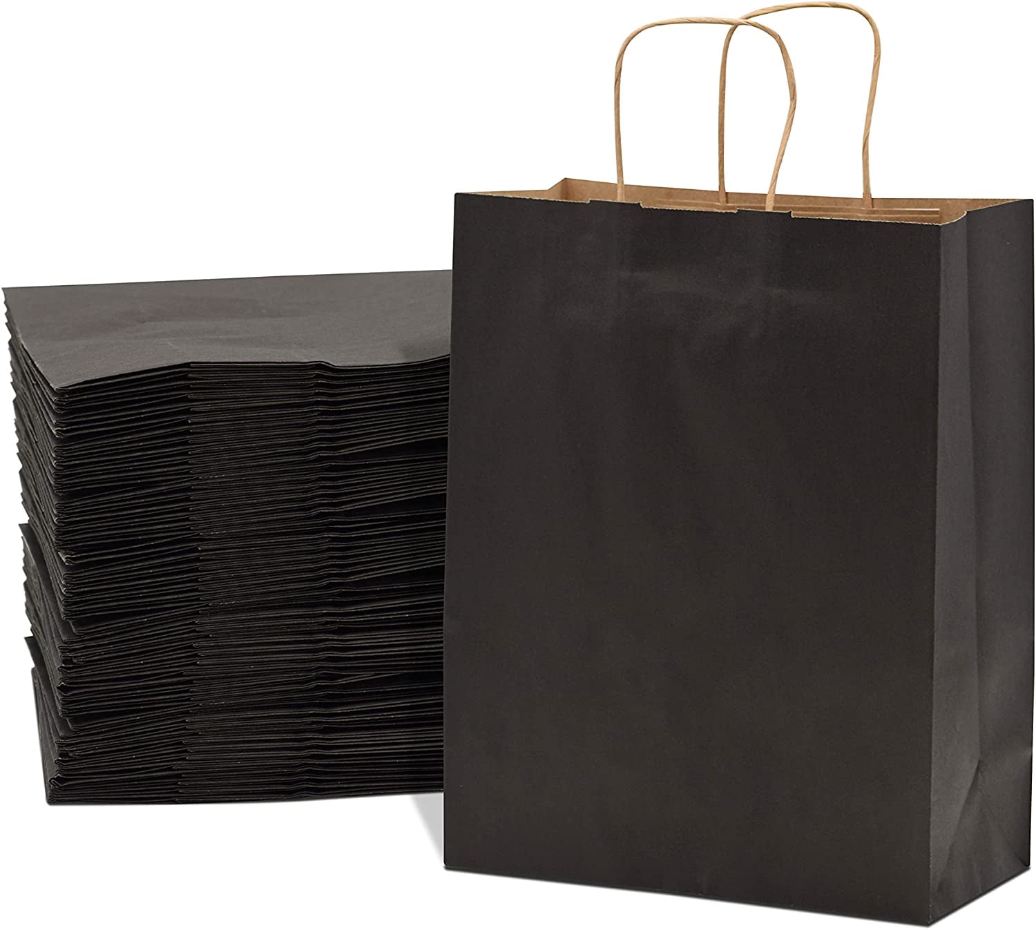 10x5x13 Inch 100 Pack Medium Kraft Paper Shopping Bags Small Business Black Gift Bags with Handles Birthdays Merchandise Retail Stores Jewelry Party Favors Craft Totes in Bulk for Boutiques 