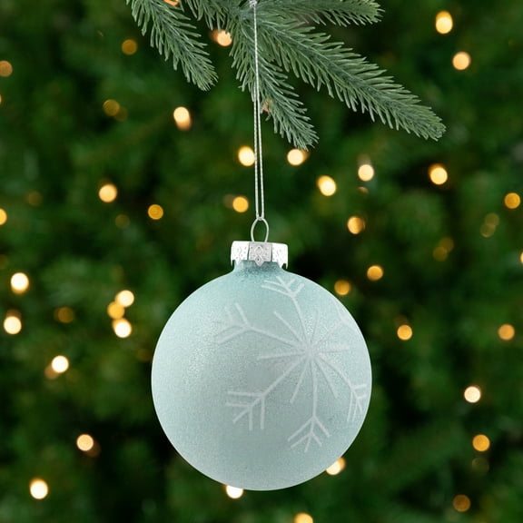 Northlight Frosted Snowflake Christmas Glass Ball Ornaments - 3.25" (80mm) - Ice Blue - 4ct