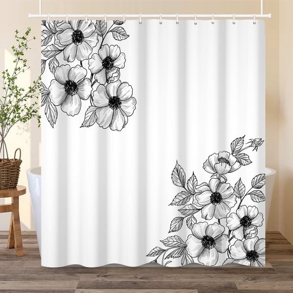 Black and White Floral Shower Curtain Modern Bath Curtain for Bathroom Decor with Hooks 72x72 in