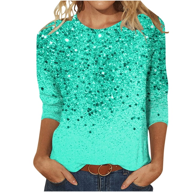 Staron Liquidation Femmes Hauts à Manches 3/4 Grande Taille Tunique à Col Rond T-Shirts Basiques Chic Décontracté Blouses à Imprimé Scintillant Pailleté Chemises Fluides