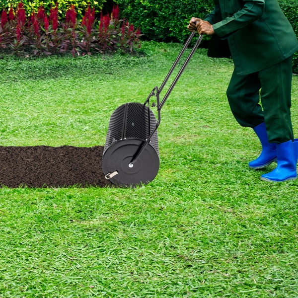 imerelez 24 inch Compost Spreader for Lawn, Garden Peat Moss Roller with Double Side Latches, Powder Coated Steel Mesh Basket for Topdressing & Seedling, Black
