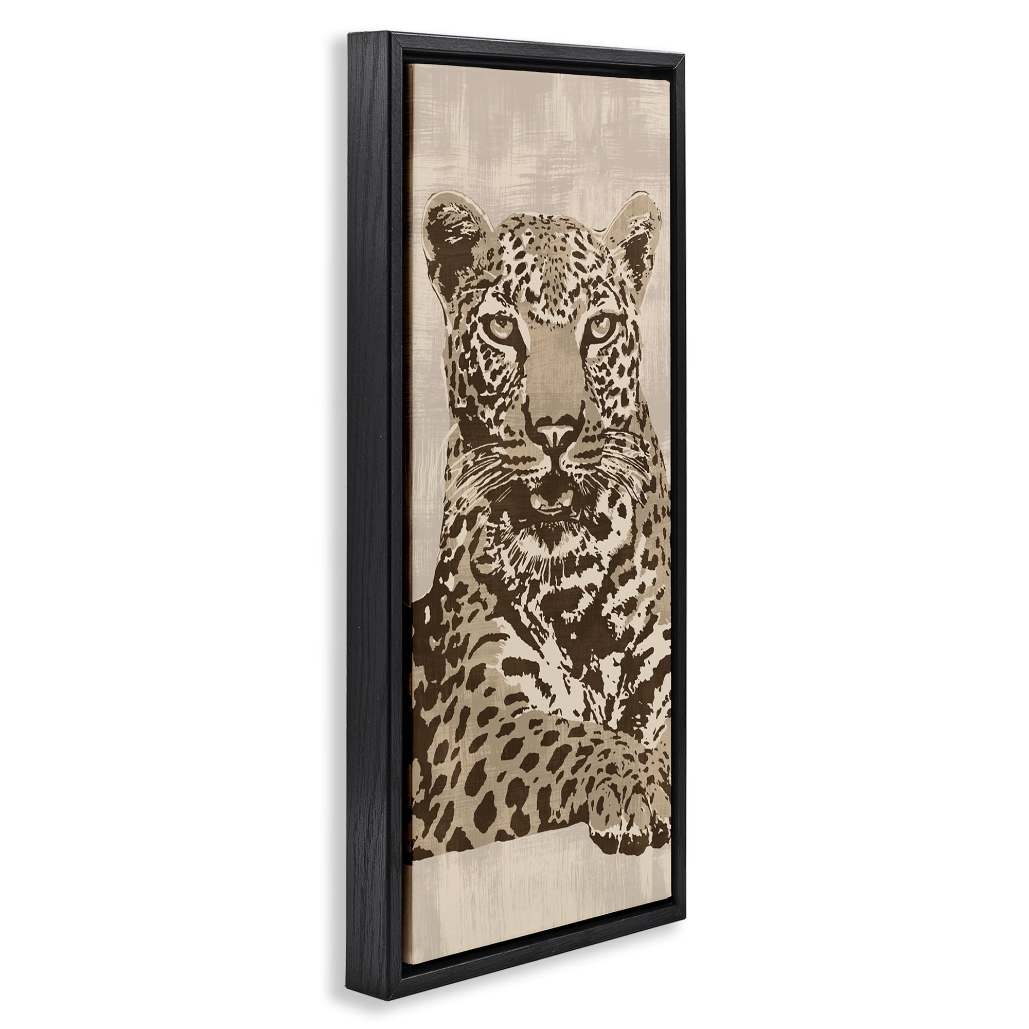 Stupell Industries Muted Fierce Leopard Animals Painting Black Floater Framed Canvas Art Print Wall Art, 11 x 25