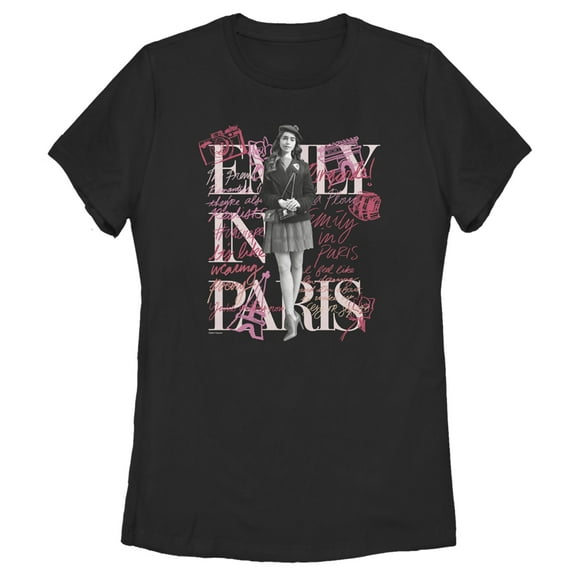 Women's Emily in Paris Sketch Collage  Graphic Tee Black / Cursive X Large