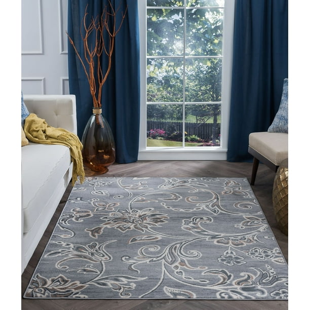 Transitional 5x7 Area Rug (5' x 7') Floral Gray, Cream Living Room Easy to Clean
