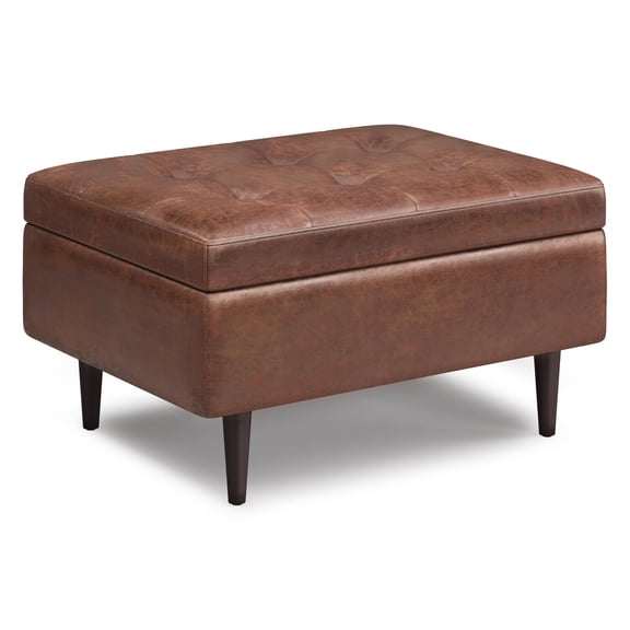 Modern Storage Ottoman 34 Wide, Distressed Brown Faux Leather, Lift-Top