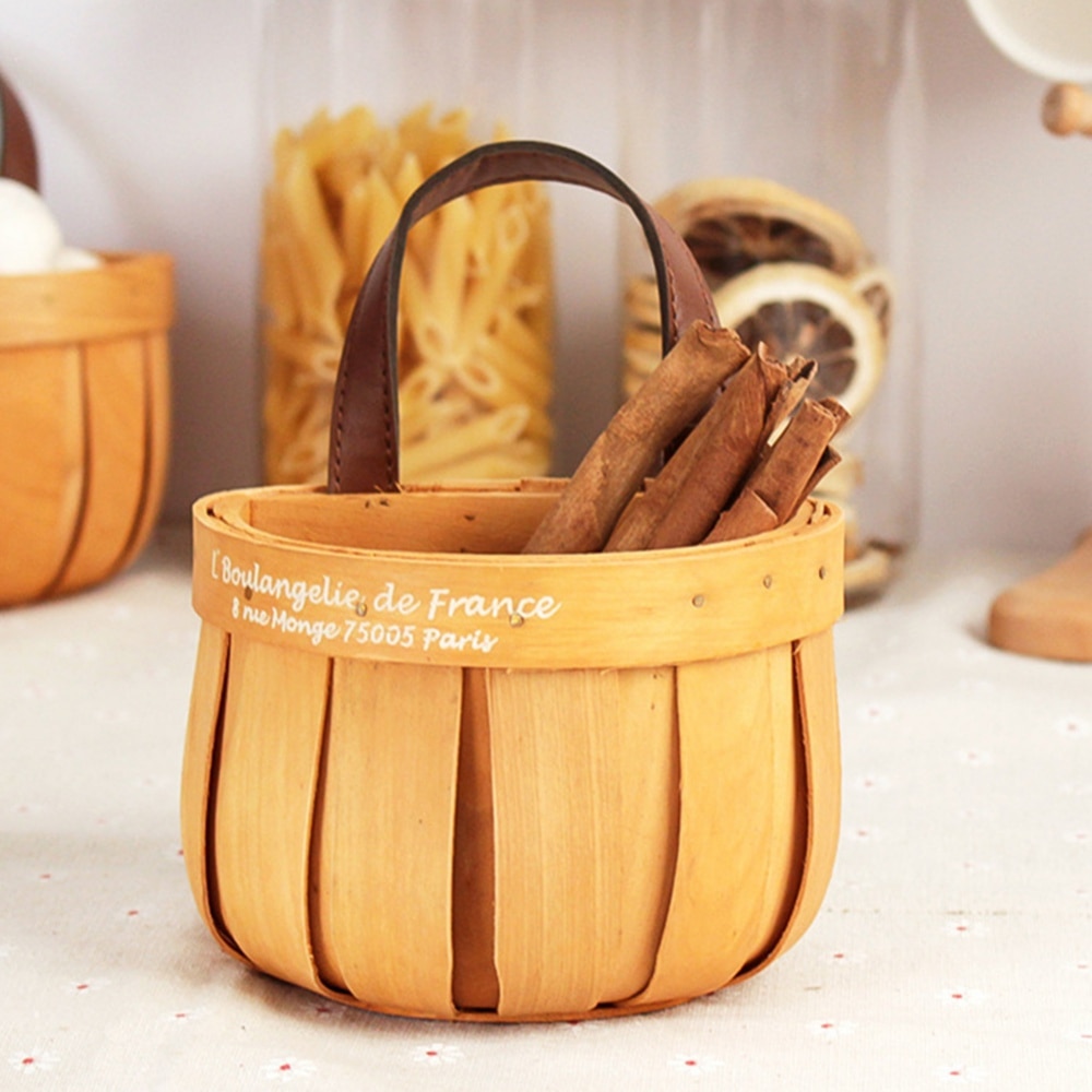 Deals Round Natural Woodchip Wooden Decorative Storage Basket with Handle,Fruits and Vegetables or Use in Home Garden,Gifts Home Living Room Decor