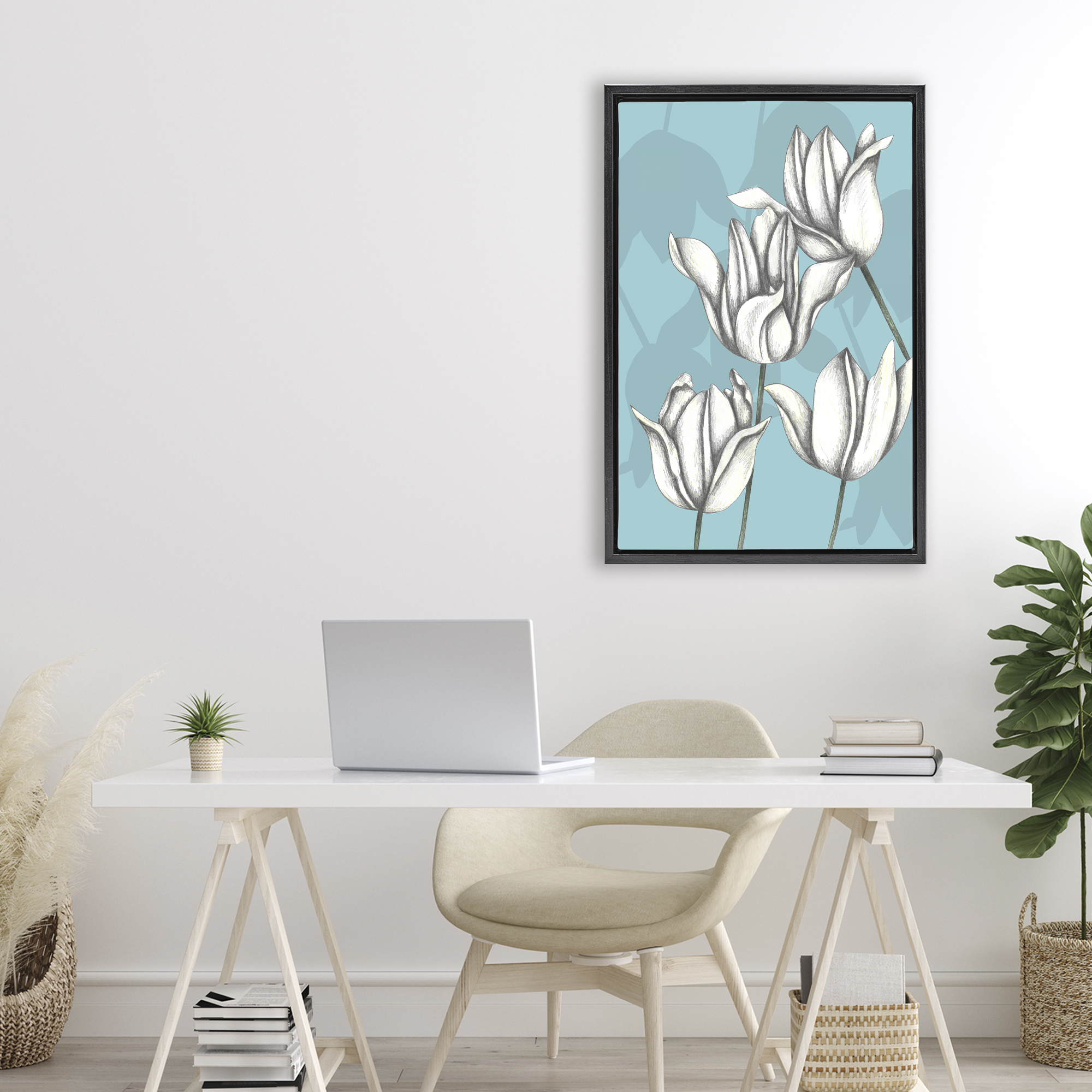 Sketched Tulips Keep Growing Black Framed Floater Canvas Wall Art, design by Cecilia Battaini