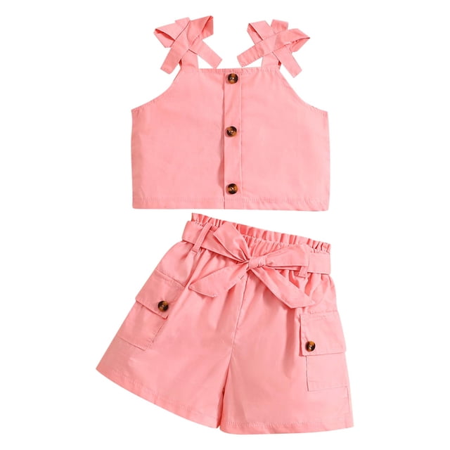 Odeerbi 1-8 Años Niñas Trajes de Verano Camisolas de Algodón Pantalones Cortos Cargo Conjunto de Dos Piezas Pechera Con Lazo