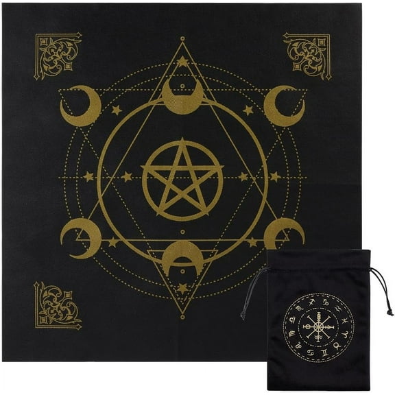 Hexagram Tarot Cloth Altar Cloth Moon Tarot Deck Pentacle Spiritual Tapestry Sacred Astrology with Tarot Card Bag for Divination Witchcraft Pagan Gift Tarot Lover 19.48x19.48 Inch Black