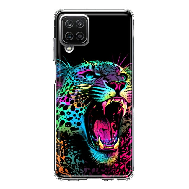 MUNDAZE Samsung Galaxy A12 Étui de Protection Hybride Transparente Antichoc Léopard Coloré Arc-en-Ciel Néon