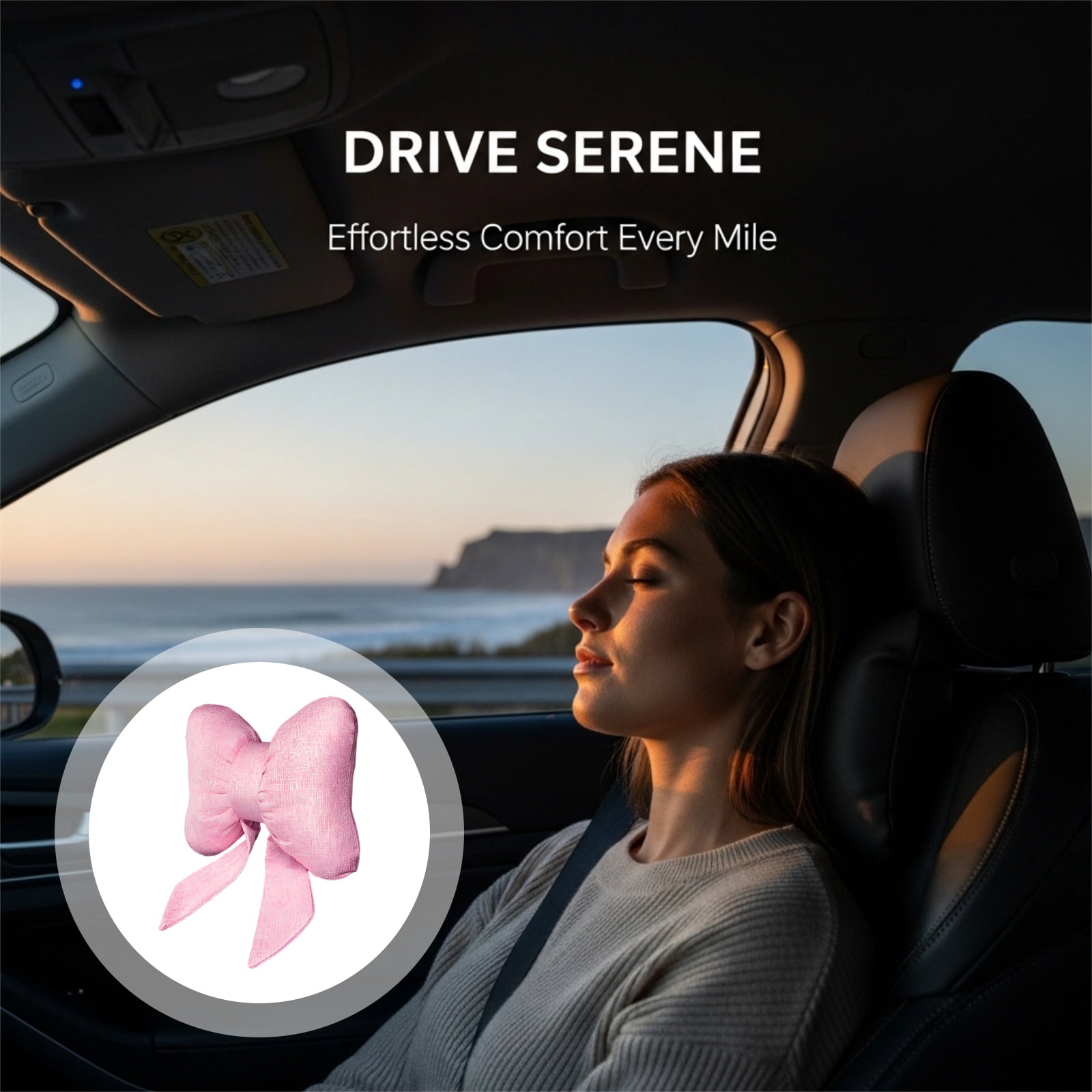 2 Pcs Pink Bow Car Accessories, Cute Car Decor Accessories with Linen Headrest Pillow, Provides Neck Support for Women, Breathable and Comfortable