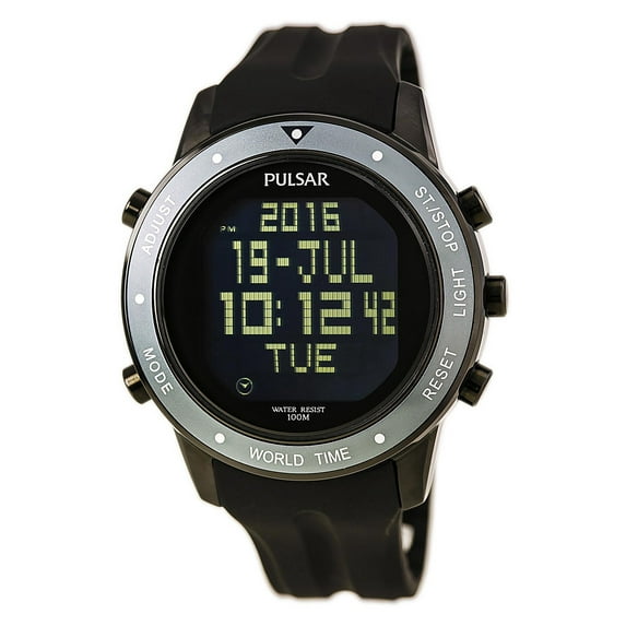 Pulsar PQ2019 Men's On The Go Chrono Digi Black Dial Black Strap World Time Alarm Watch