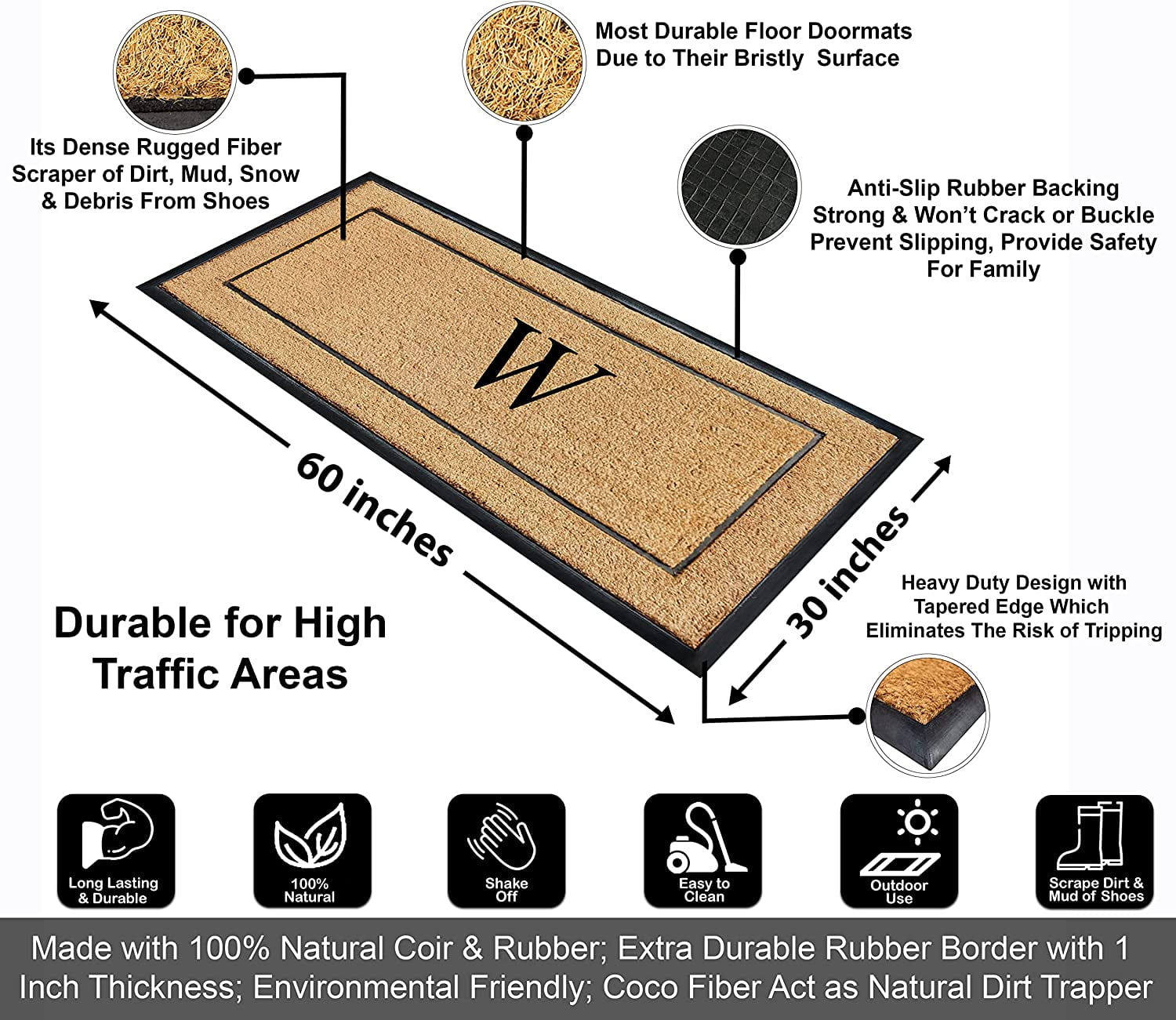 A1HC Natural Coir Monogrammed Doormat, Heavy-Duty Thin Profile Front Door Mat - 30"x60"