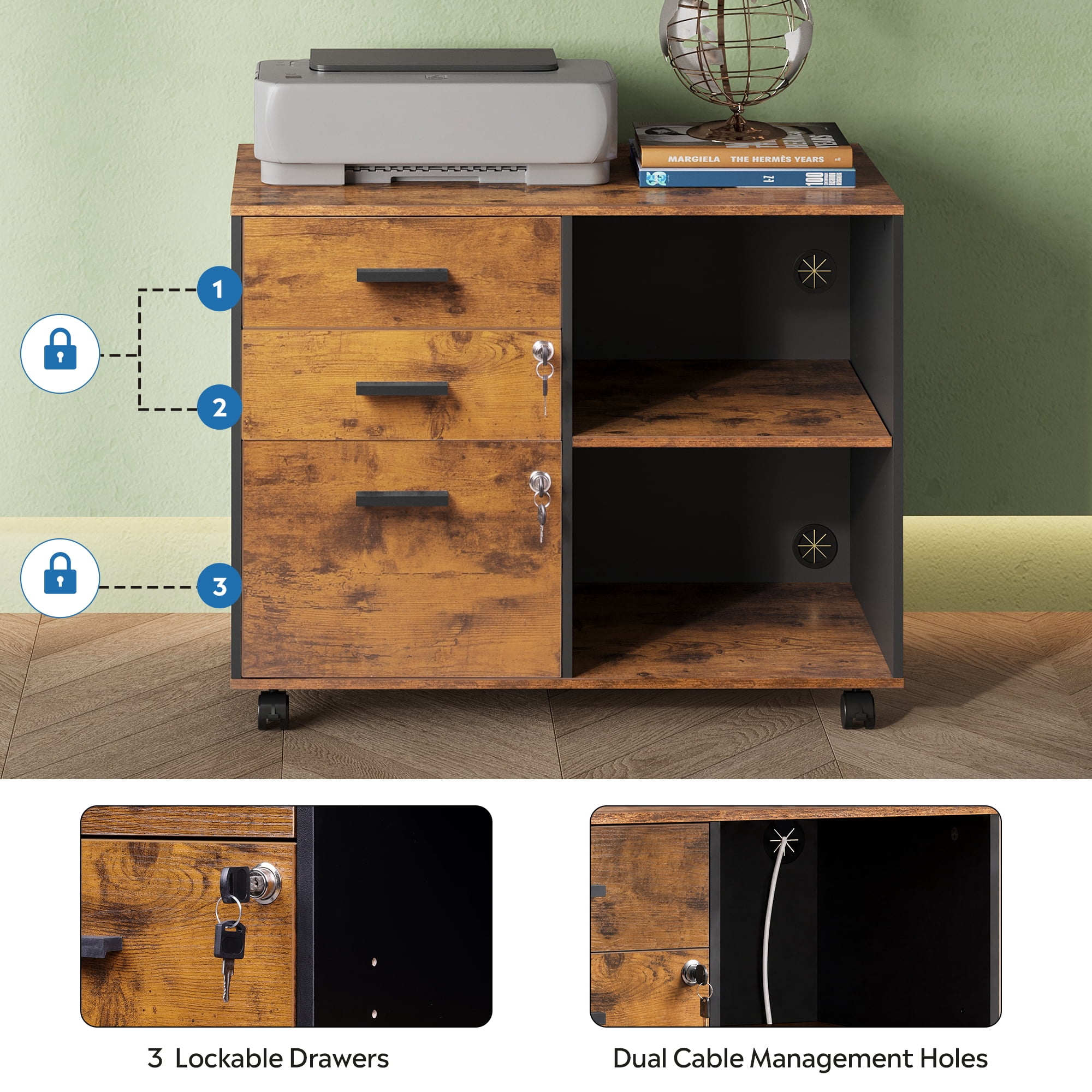 GALAXHERO 3-Drawer Locking Wood File Cabinet, Mobile Lateral Filing Cabinet, Printer Stand with Open Storage Shelves for Home Office, Rustic Brown