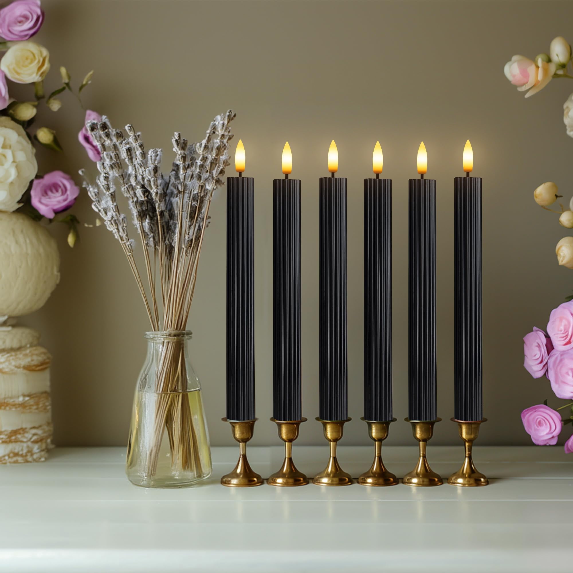 WYZworks 10" Fluted Ribbed LED Black Grooved Pillar Candles, Remote & 24h Timer Memory, On/Off Switch - Flameless Dimmable Battery Operated w/Flicker Mode, Home Wedding Decor (6 Pack)
