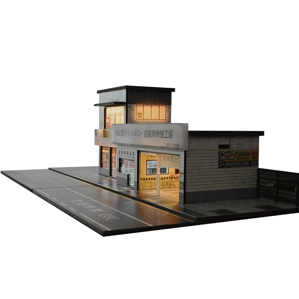 1/64 Scale Diorama Car Garage Model LED Lighting ,Diecast Car Display Case Kits,City Street Coffee Shop Maintenance Workshop Building Scene Display Model