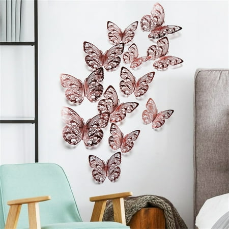 Dengmore Gift 12PCS 3D Metal Texture Hollow Butterfly Wall Sticker Rose Gold