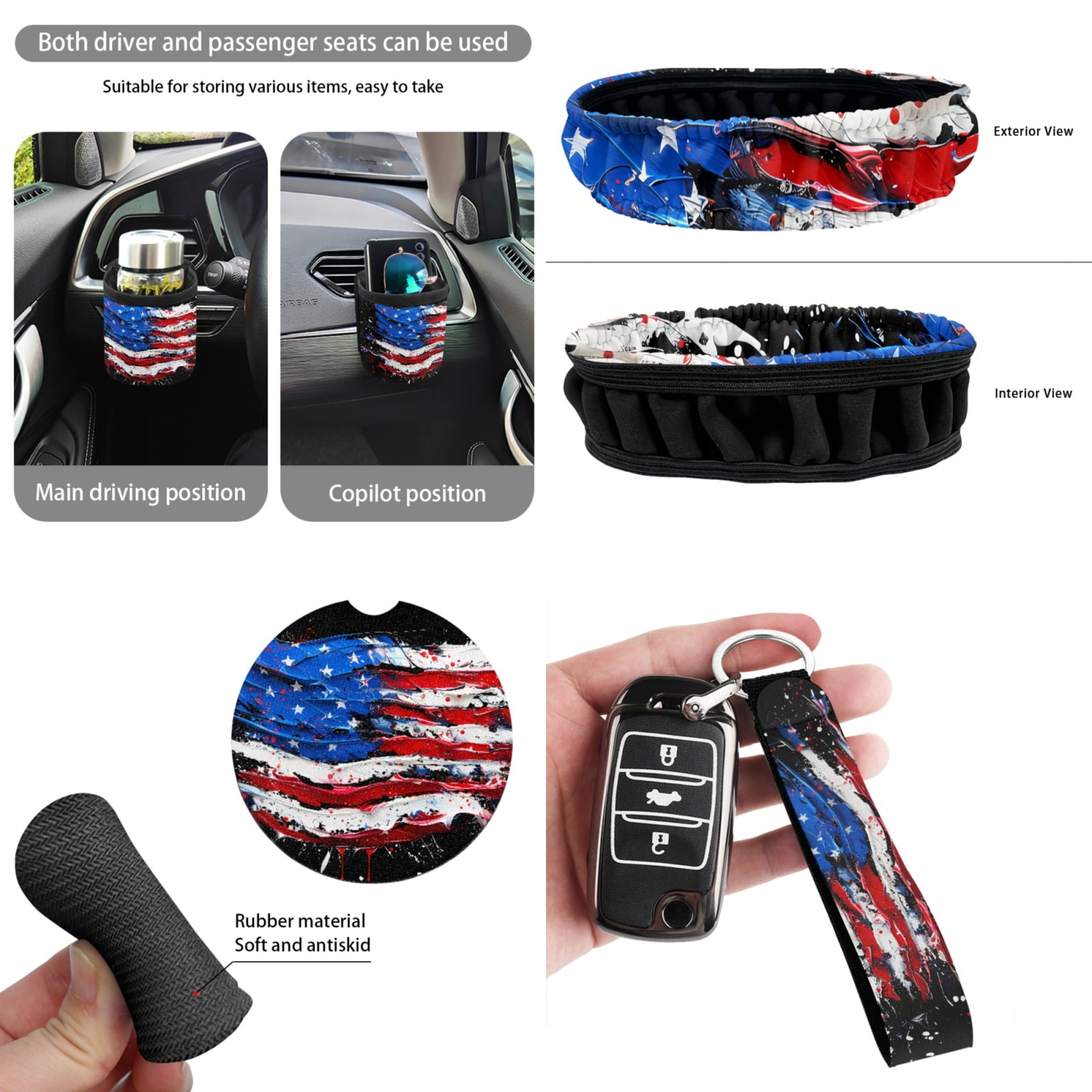 Yuyamidu 15 Piece American Flag Car Seat Covers Full Set with Auto Steering Wheel Cover Seat Belt Strap Protector Cup Holder Trash Bag Air Vent Storage Pocket Rearview Protector Wristlet Keychain