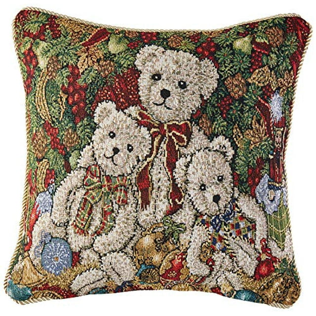 Violet Linen Decorative Christmas Tapestry Throw Pillow, 18" x 18", Teddy Bears Design