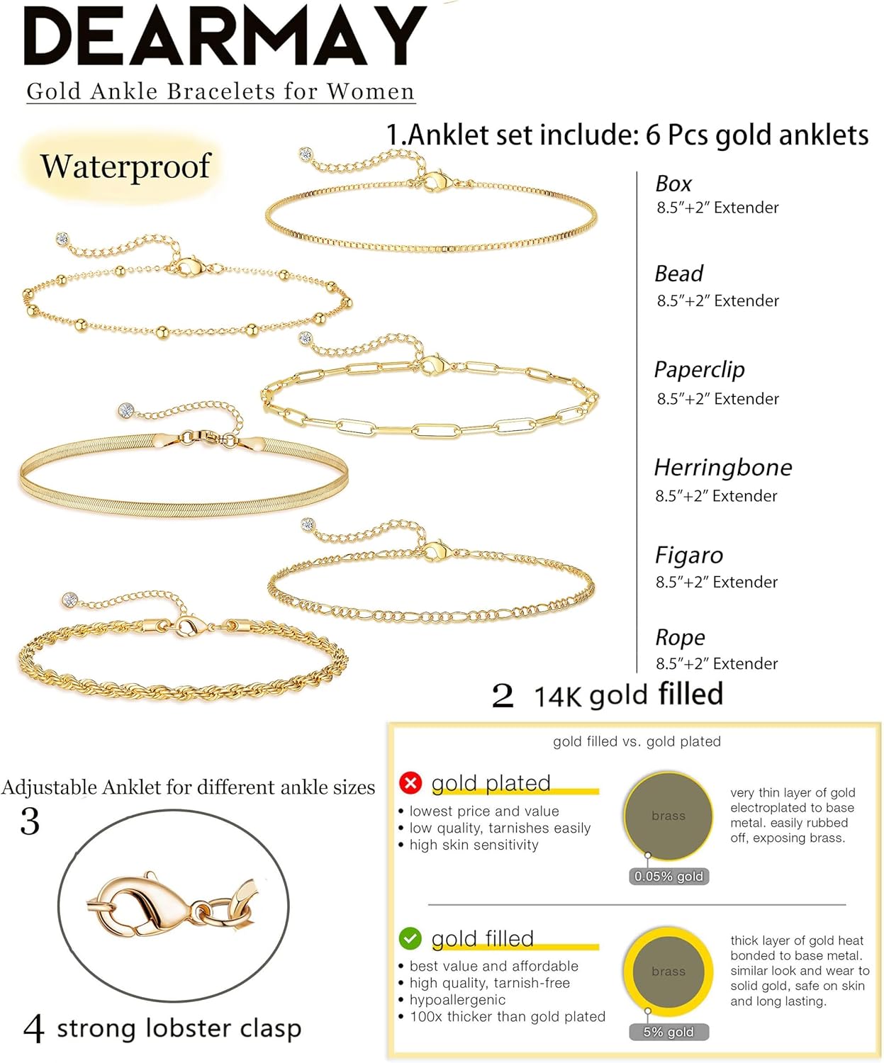 Gold Ankle Bracelets for Women Waterproof - Dainty 6Pcs 14K Gold Plated Anklets Layered Cuban Link Chain Herringbone Cute Anklets Set Pack Summer Beach Jewelry Gift for Women Teen
