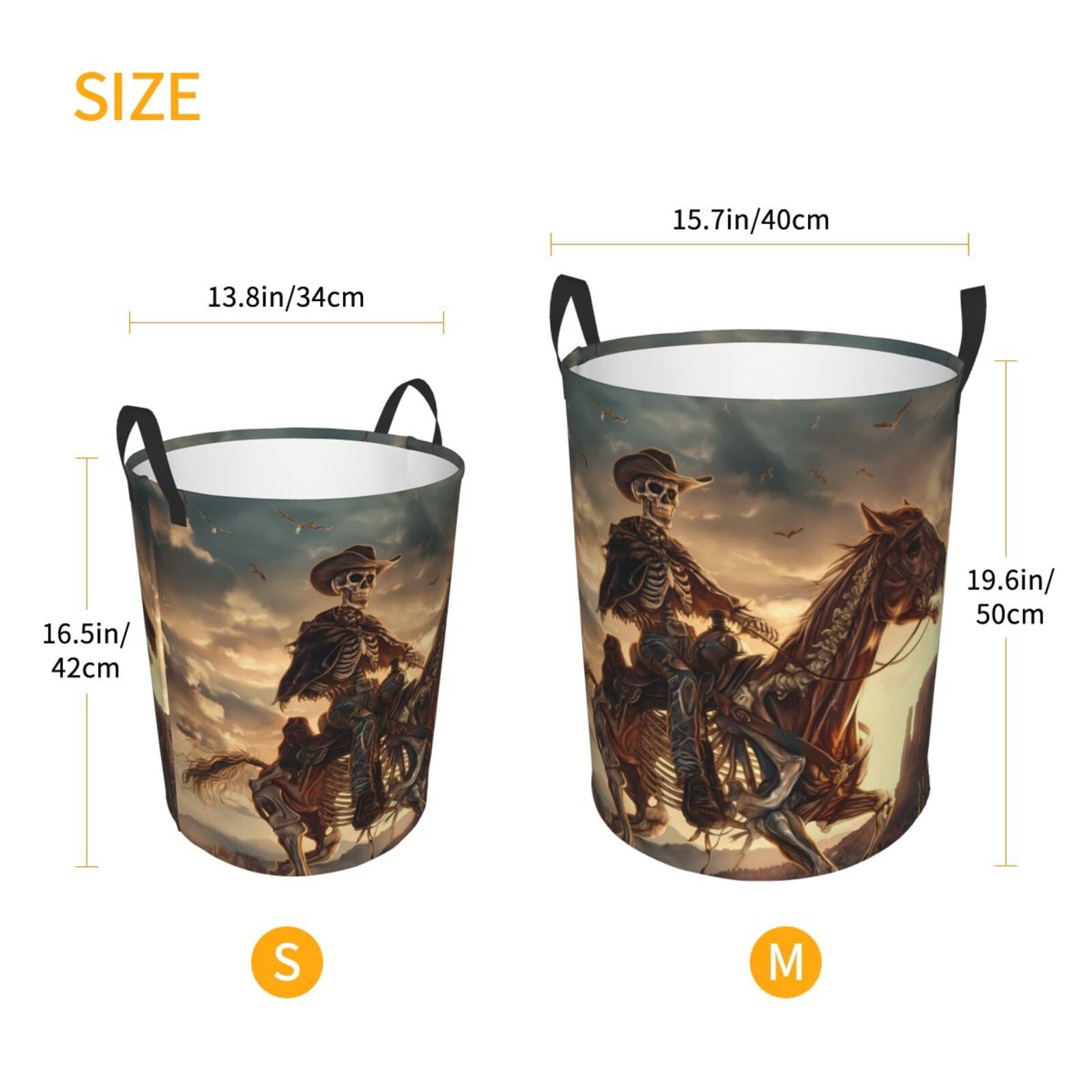 Large Laundry Basket with Handles - Western Skeleton Cowboy Horse Kids Baby Dirty Clothes Laundry Hamper for Bedroom Aesthetic