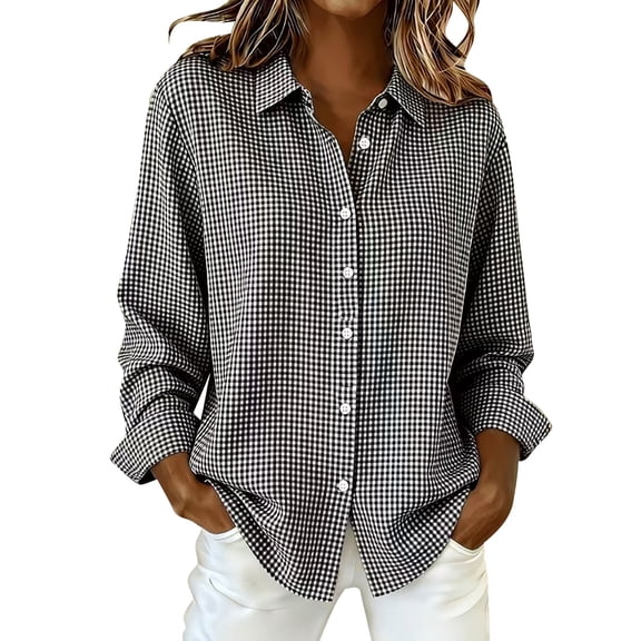 Women's Elegant Plaid Button Down Shirt Long Sleeve Gingham Business Blouse Tops Women Soft Lightweight Loose Shirts Daily Office Travel Outfits, Black L