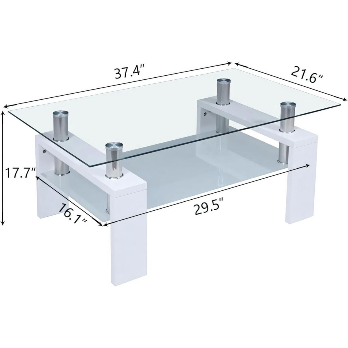 Rectangle Modern Coffee Table, 2 Tier Tempered Glass End Table, Living Room Table with Lower Shelf, Tea Table for Waiting Room, Reception Room, Office, White