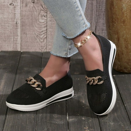 Dezsed Women s Sneakers Fashion Flats Shoes Lightweight Soft Sneakers Metal Chain Decoration Casual Shoe Black 38 on Clearance