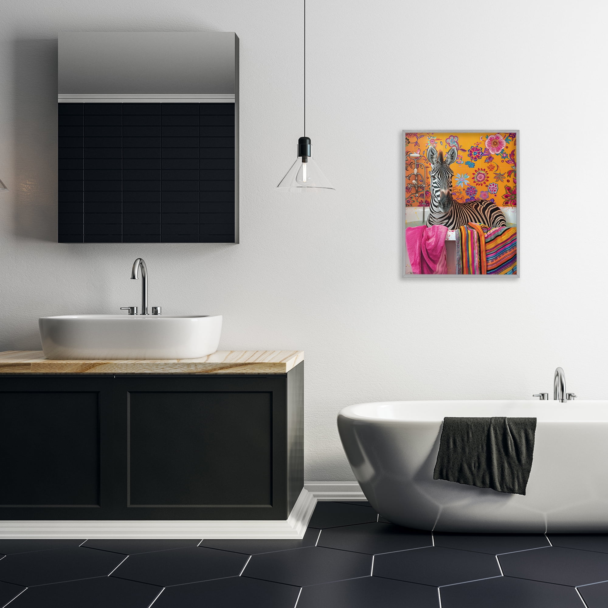 Zebra Bath with Colorful Towel Gray Framed Giclee Art, design by Momart