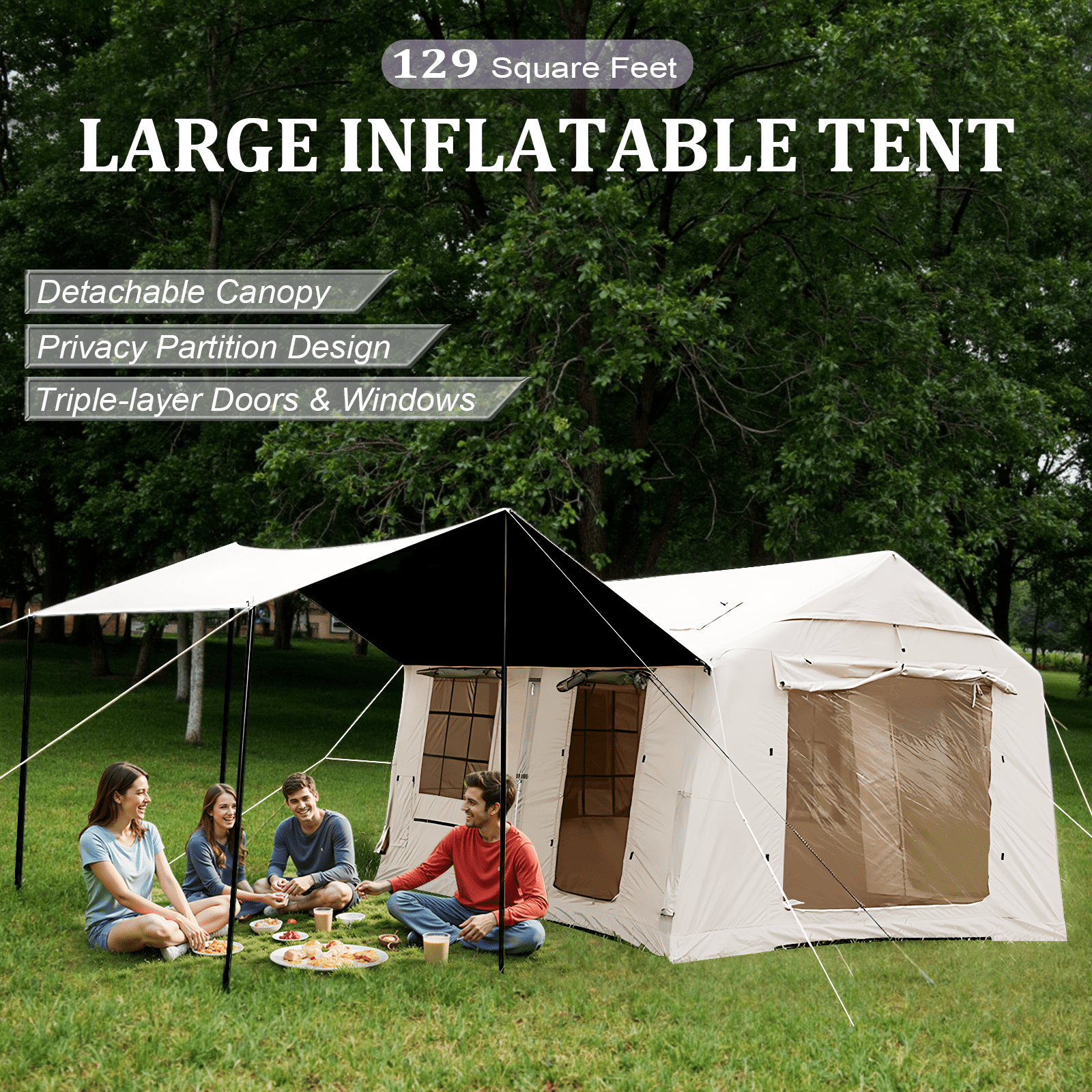 10-12 People Large Inflatable Tent, Easy Setup Glamping Tent with Hand Pump,4 Season Available  Air Tent , Waterproof Blow up Tent for Party