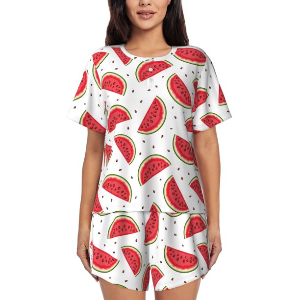Balery Watermelon Conjunto de Pijama para Mujer con Estampado, Dos Piezas de Manga Corta y Shorts, Ropa de Dormir Suave con Cuello Redondo y Bolsillos-Medium