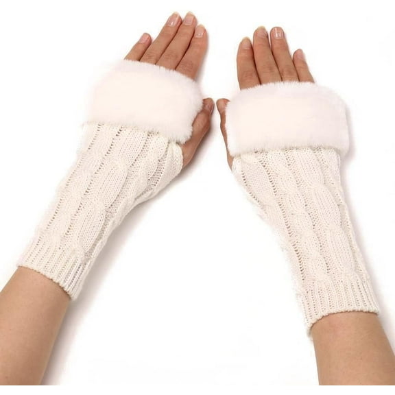 2 Pairs White Furry Fingerless Gloves Soft Fluffy Thumb Hole Gloves Knitting Winter Crochet Warm Arm Sleeves Faux Fur Hand Wrist Warmer Mitten Bulk for Women Typing Writing Driving Supply
