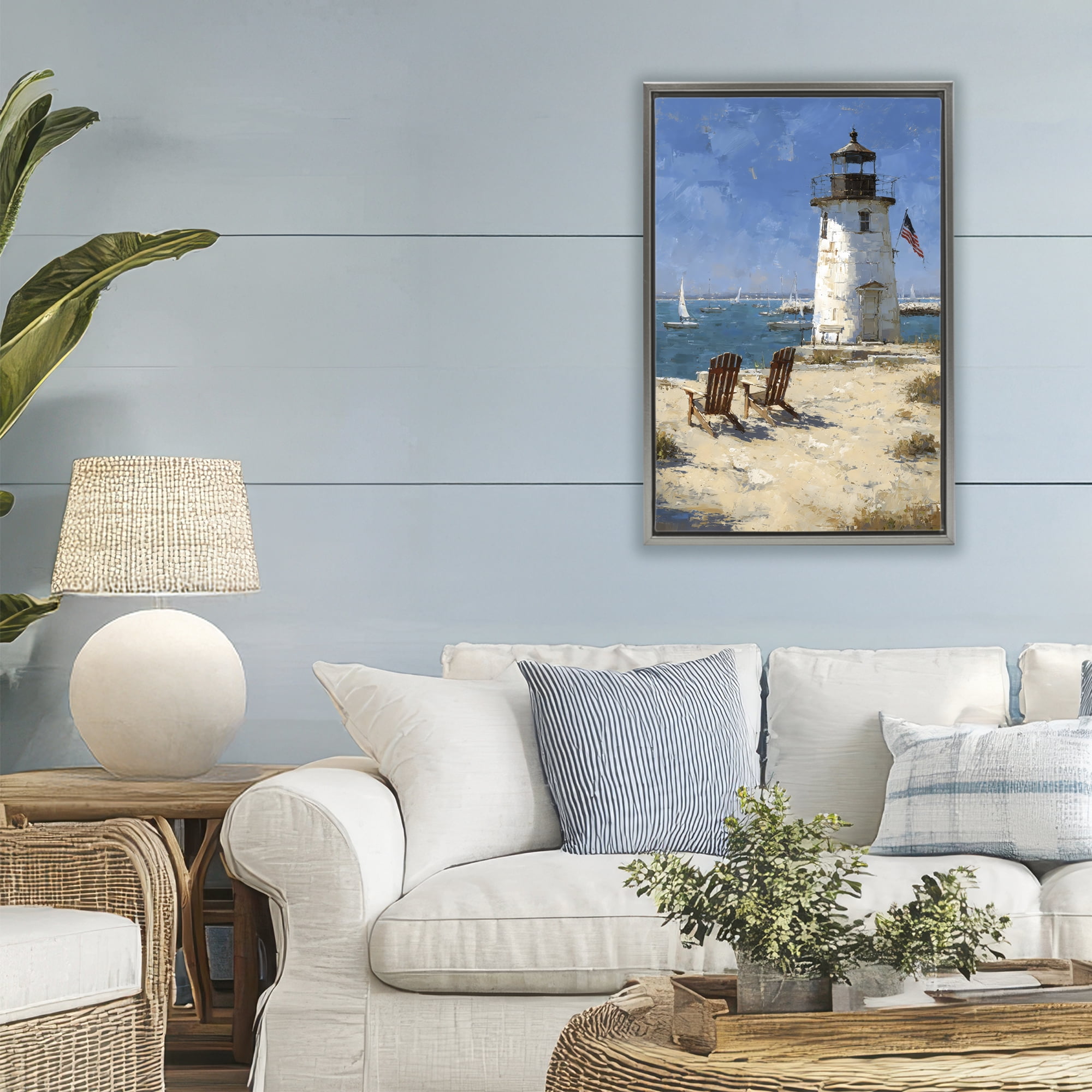 Stupell Industries Summer at Lighthouse Bay Gray Framed Floater Canvas Wall Art, design by Petal Prints Design