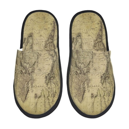 Balery Vintage World Map Slient Indoor Furry Fleece Comfort House Shoes Soft Non-Slip Home Shoes Cotton slippers House Slippers-- Large
