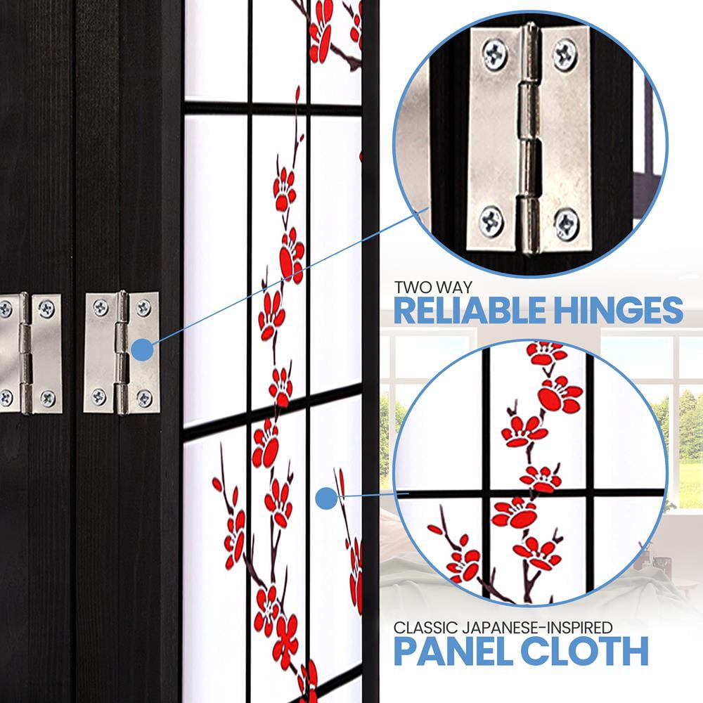 SereneLife Japanese Screen Room Divider Classic Indoor Decorative 4-Panel Separator, Plum Blossom