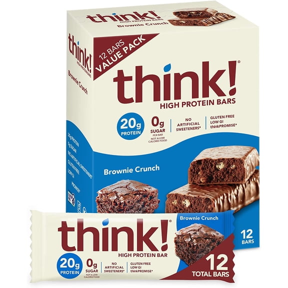 think! Protein Bars, High Protein Snacks, Gluten Free, Kosher Friendly, Brownie Crunch, Nutrition Bars, 2.1 Oz per Bar, 12 Count (Packaging May Vary)