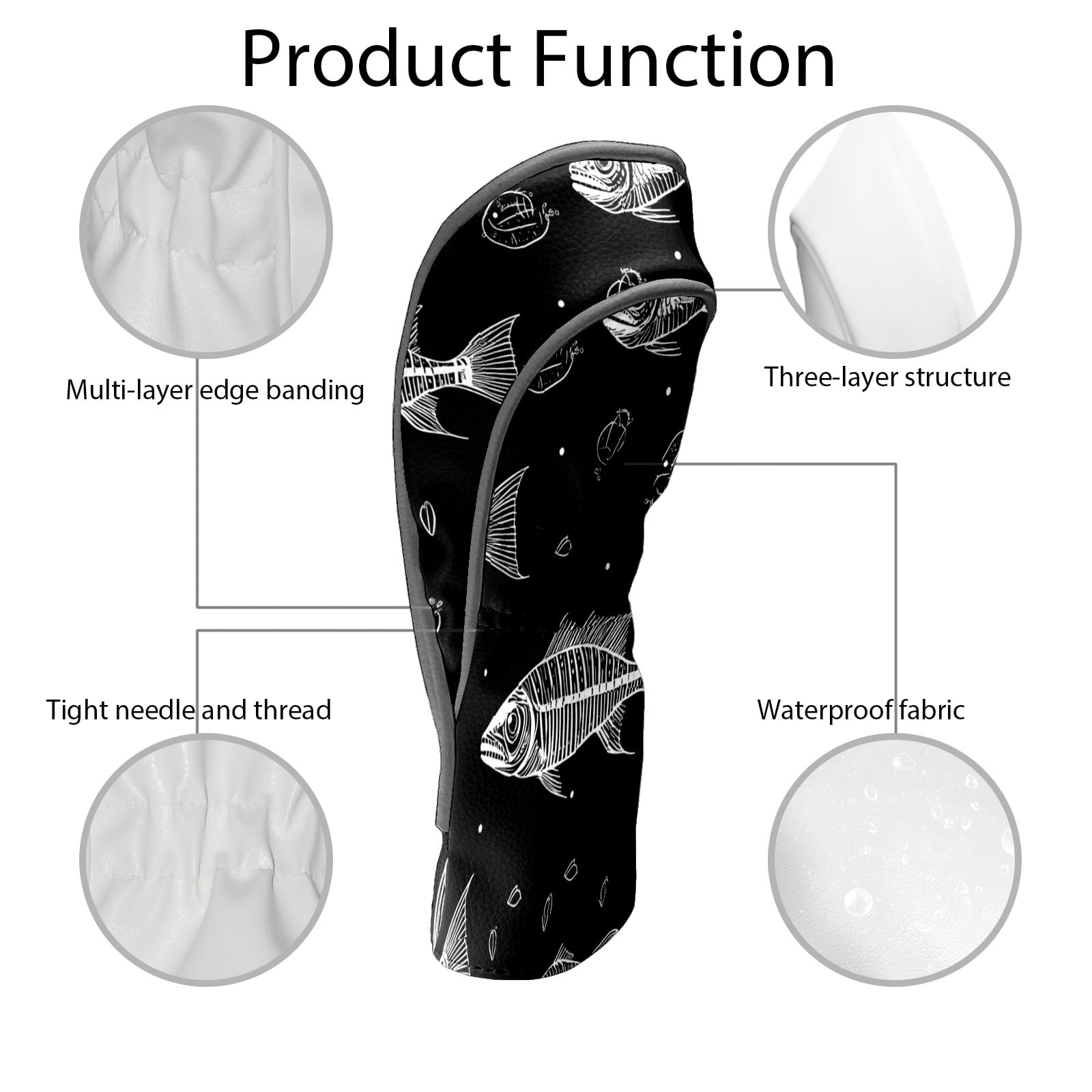 Golf Club Covers PU Leather Waterproof Head Covers for Fairway Woods Hybrids Cartoon Fish Bones
