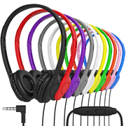 Bulk Classroom Student Headphones with Microphone, On Ear Stereo Headphones with Mic & Faux Leather Cushions for Kids Online Learning, Library, School, Airplane, Travel - 3.5mm Plug - 10 Pack - Multi